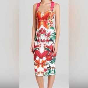 Ted Baker London Tropical Floral Midi Dress with Pink Straps